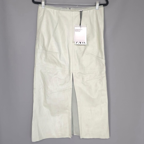 ZARA New Size S 100% REAL SHEEP‎ LEATHER Skirt Limited Edition SILK Light Green - Picture 7 of 16